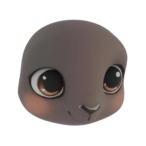 3D-Render eines süßen, stilisierten Cartoon-Hasenkopfes mit großen braunen Augen und rosigen Wangen, isoliert auf weißem Hint