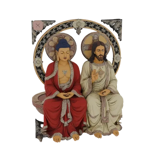 3D model of Buddha and Jesus sitting together, with ornate halos and a decorative circular backdrop, symbolizing interfaith h