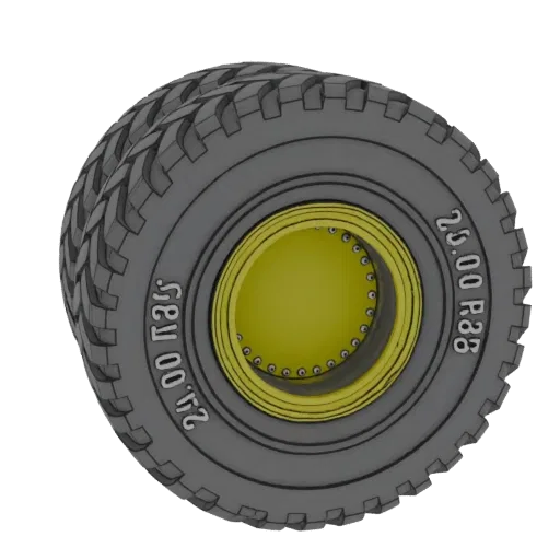 3D model of a heavy-duty off-road tire with a detailed tread pattern and a bright yellow rim, showing the text '24.00 R35' on