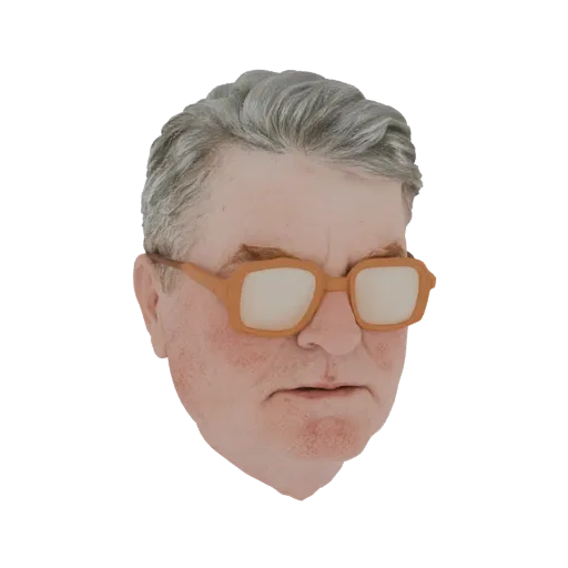 3D model of an elderly man with gray hair and orange-rimmed glasses, facing forward.