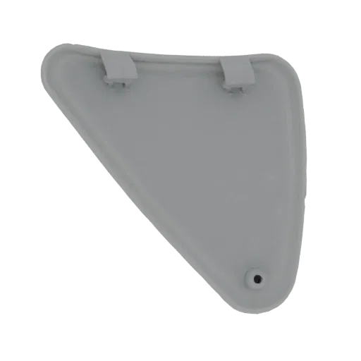 3D model of a gray triangular cover with two mounting lugs and a small central hole, presented on a white background.