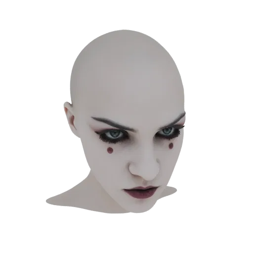 Rendu 3D d'une tête de clown gothique chauve aux yeux bleus intenses, maquillage sombre et points rouges sur les joues, regar