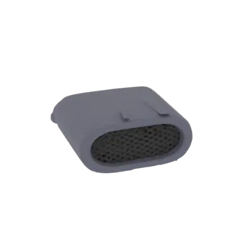 3D-Modell eines grauen ovalen Luftfilters mit einem dunklen, texturierten Mesh-Einsatz vorne.