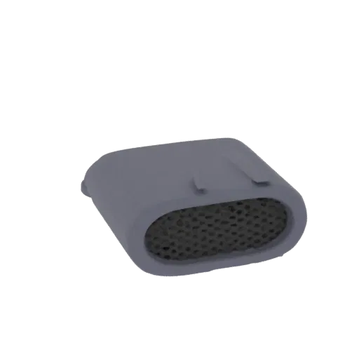 3D model of a gray oval air filter with a dark, textured mesh insert visible at the front.