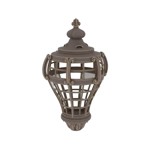 Modello 3D di una lanterna ornata in bronzo scuro a grata con volute e pinnacolo fleur-de-lis, su sfondo bianco.