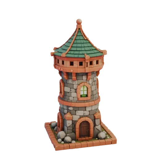 3D model of a stylized fantasy tower with stone walls, terracotta accents, and a green tiled roof, set against a white backgr