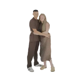 3D-Modell eines sich umarmenden Mannes und einer Frau, beide in brauner Kleidung. Der Mann hat seinen Arm um die Frau gelegt,