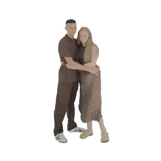 Modèle 3D d'un homme et d'une femme s'enlaçant, tous deux portant des tenues marron. L'homme a son bras autour de la femme, q