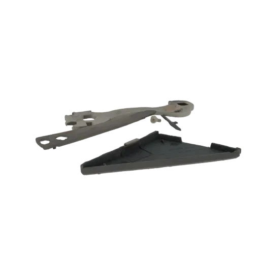 3D model of a dishwasher door latch assembly, showing the metal latch mechanism and a dark gray plastic mounting bracket.