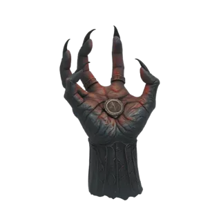A detailed 3D render of a dark, demonic hand with sharp claws, wearing rings and holding a compass amulet in its palm.