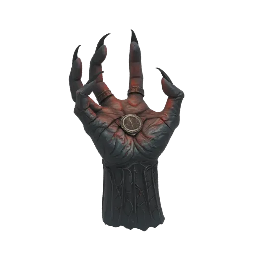 A detailed 3D render of a dark, demonic hand with sharp claws, wearing rings and holding a compass amulet in its palm.