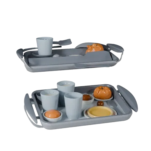 Banquet Breakfast Tray Stylized 3D model, stylized isometric render, showing ceramic, arranged serving layout.