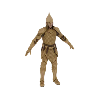 3D model of an Elven Warrior in full ornate armor, featuring scale mail, segmented pauldrons, and a pointed helmet, set again