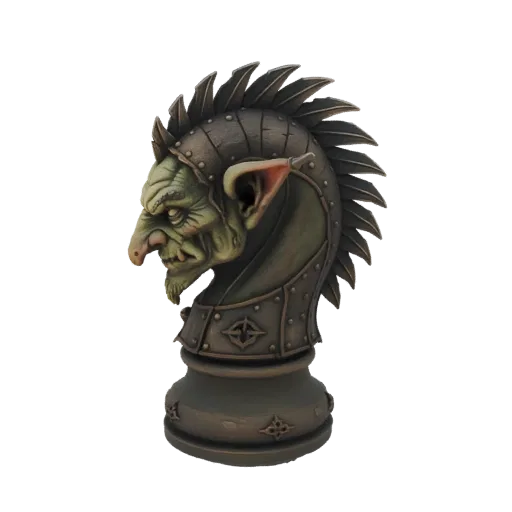 3D-Modell-Render einer Goblin Ritter Schachfigur mit grüner Haut, metallischer Rüstung und stacheligem Helm, von der Seite be