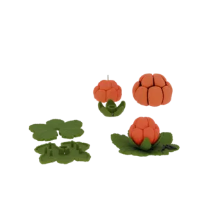 Una renderización 3D de un conjunto de frutos y hojas de mora ártica, con bayas naranjas y follaje verde, presentado sobre un