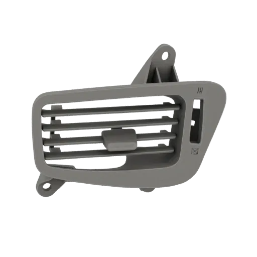 3D model of a gray car interior air vent deflector with adjustable louvers and mounting bracket.