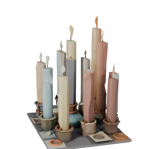 Workshop Candle Cluster Low Poly 3D model, game viewport three-quarter view, showing paper-like cards, form detail.