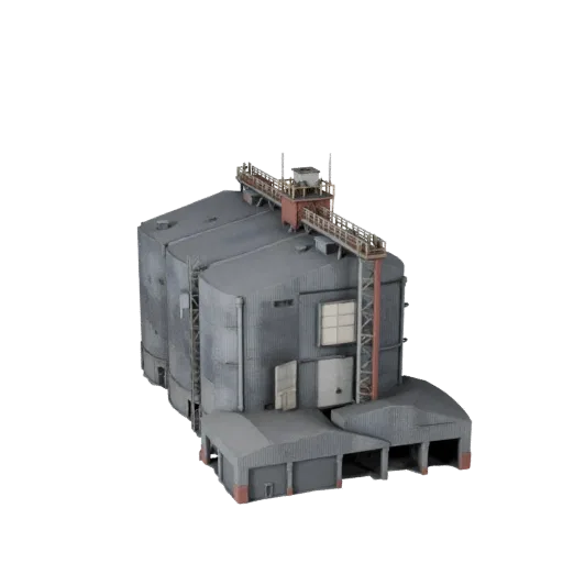 Korn Silo Unity-ready 3D-Modell, Unity-Engine-Viewport, zeigt industrielle Gebäudematerialien und architektonische Details