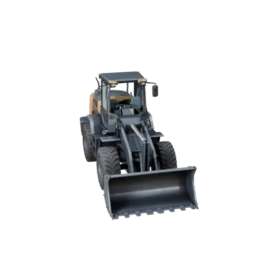 Warehouse Wheel Loader Realistic 3D model, three-quarter studio render, showing painted steel, form detail.