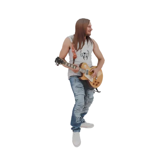 3D model of a male rockstar guitarist with long hair, playing an electric guitar, wearing ripped jeans.