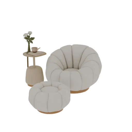 Ein 3D-Rendering eines cremefarbenen, gesteppten Sessels und passenden Hockers mit einem kleinen Beistelltisch, auf dem eine