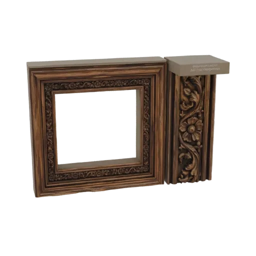 3D model of an ornate wooden picture frame with a decorative panel, showcasing intricate carvings and a rich wood texture.