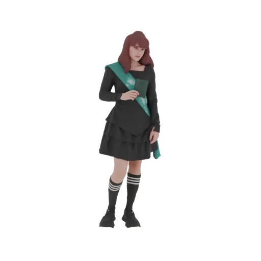 3D model render of a young girl with auburn hair, wearing a black tiered dress and a teal sash, standing in a thoughtful pose