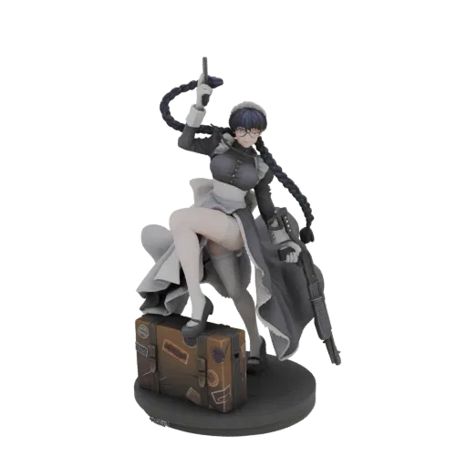 3D model of a female character dressed as a maid, wearing glasses, holding a shotgun, and standing on a vintage suitcase.