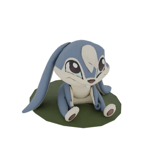 3D render of a cute, chibi-style blue bunny with large eyes, sitting on a green grass base.