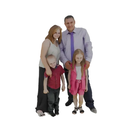 3D model of a family of four: father, mother, son, and daughter, posed for a portrait.