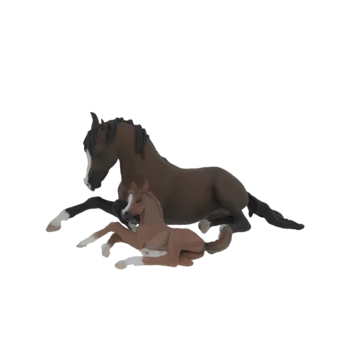 3D-Modell einer liegenden braunen Mutterstute mit einem daneben liegenden kastanienbraunen Fohlen, beide mit realistischen De