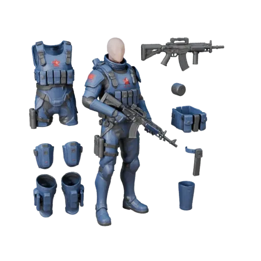Personaggio 3D Soldato Cobalto Sci-Fi, vista viewport motore, asset pronto per Unreal Engine con posa in piedi; fucile, armat