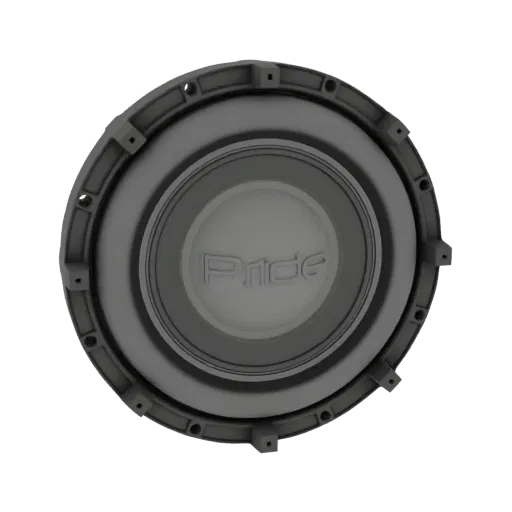 3D model of a Pride subwoofer with the 'Pride' logo visible on the cone, presented against a black background.
