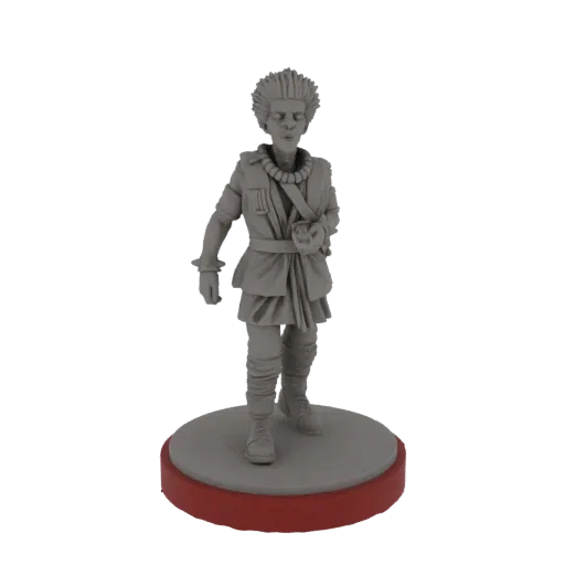 3D model of a tribal warrior with spiky hair, beaded necklace, and spiked bracelet, standing on a red base.