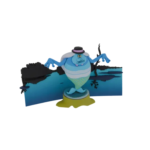 3D model of a blue swamp monster wearing a black top hat, with a fish-like tail, standing on a yellow base against a blue wat