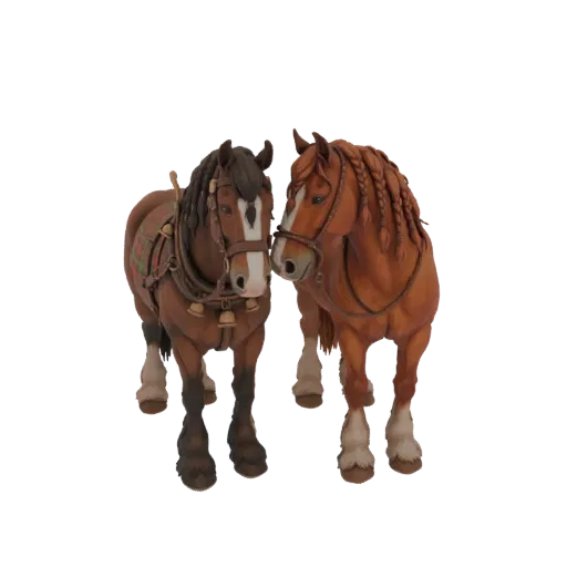 3D model of two brown draft horses, one wearing a red and green decorated harness with bells, the other with braided mane, ag