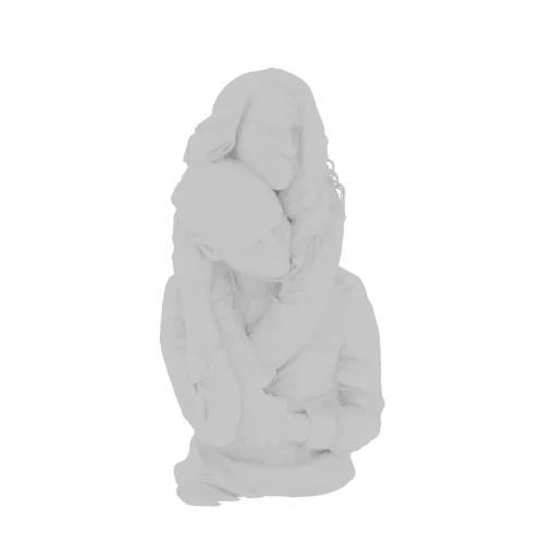 A monochromatic 3D model of a mother tenderly hugging her child, with a soft, smooth finish.