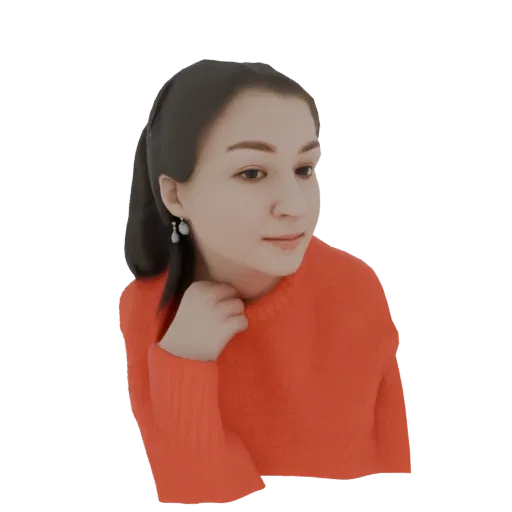 3D model of a young woman with dark hair, wearing a textured orange sweater, looking to the side with one hand near her neck.