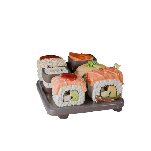 Gourmet Sushi Set 3D model, three-quarter front view, AR viewer studio render, showing sauces, plated composition.
