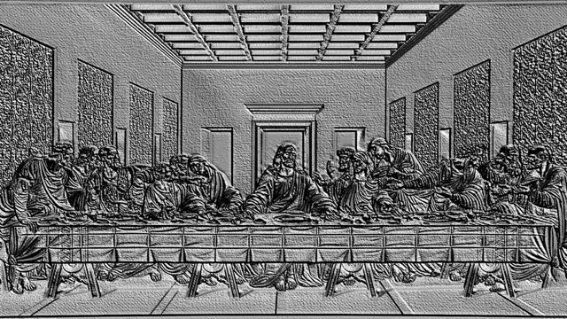 3D model of "Last Supper" bas-relief with Jesus Christ and apostles at the table, in classic bas-relief style.