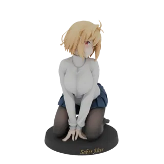 Modello 3D di Saber Alter in ginocchio con capelli biondi, occhi rossi, indossa un maglione bianco e una gonna blu, su una ba