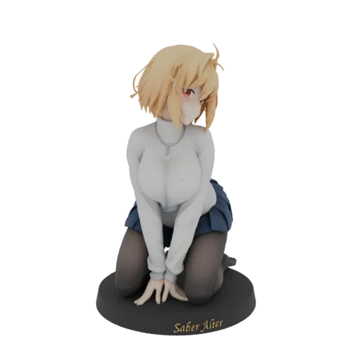 3D model of Saber Alter kneeling with blonde hair, red eyes, wearing a white turtleneck and blue skirt, on a black base.