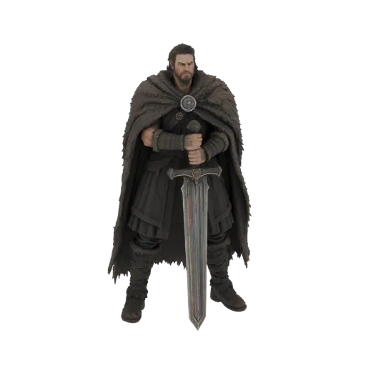 Modelo 3D de un guerrero vikingo con capa de piel y una gran espada, de pie con los brazos cruzados.