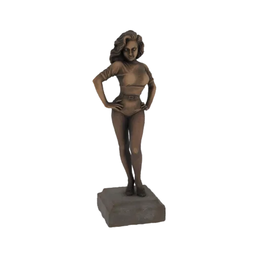 3D model of a bronze statue of a pin-up girl with wavy hair, wearing a form-fitting outfit, and posing with hands on hips on