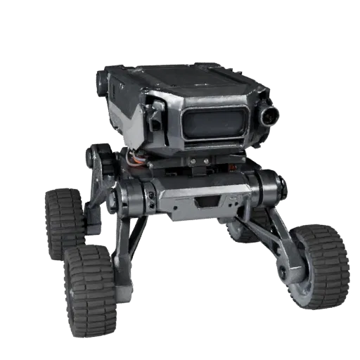 Research Service Robot 3D model, three-quarter front view, Unity viewport, showing metal frames, robot form.