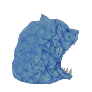 Modelo 3D de cabeça de urso com design geométrico facetado e textura de gelo azul translúcido, boca aberta mostrando dentes a