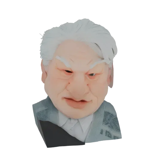3D model render of a caricature of an elderly man with white hair, a large nose, and wearing a suit.