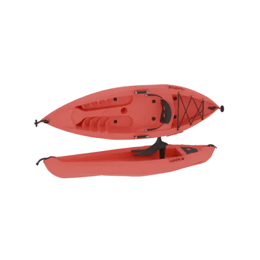 A 3D model of a bright red sit-on-top kayak, viewed from a top-down perspective, against a black background.