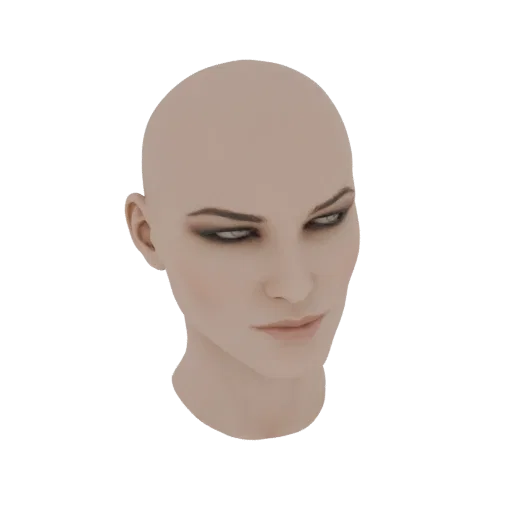 3D-Modell eines kahlköpfigen Frauenkopfes mit dramatischem dunklem Augen-Make-up, leicht zur Seite blickend.