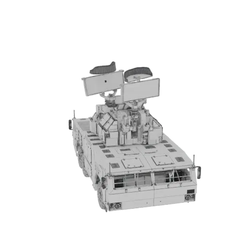 3D-Modell eines mobilen Flugabwehrsystems Pantsir-S1, von vorne im Dreiviertelblick auf weißem Hintergrund.